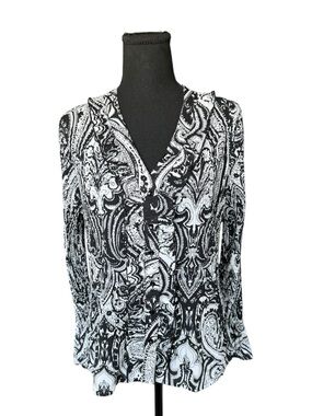 Fred David Stretch L Black White Paisley Ruched Ruffle Y2K Blouse Top